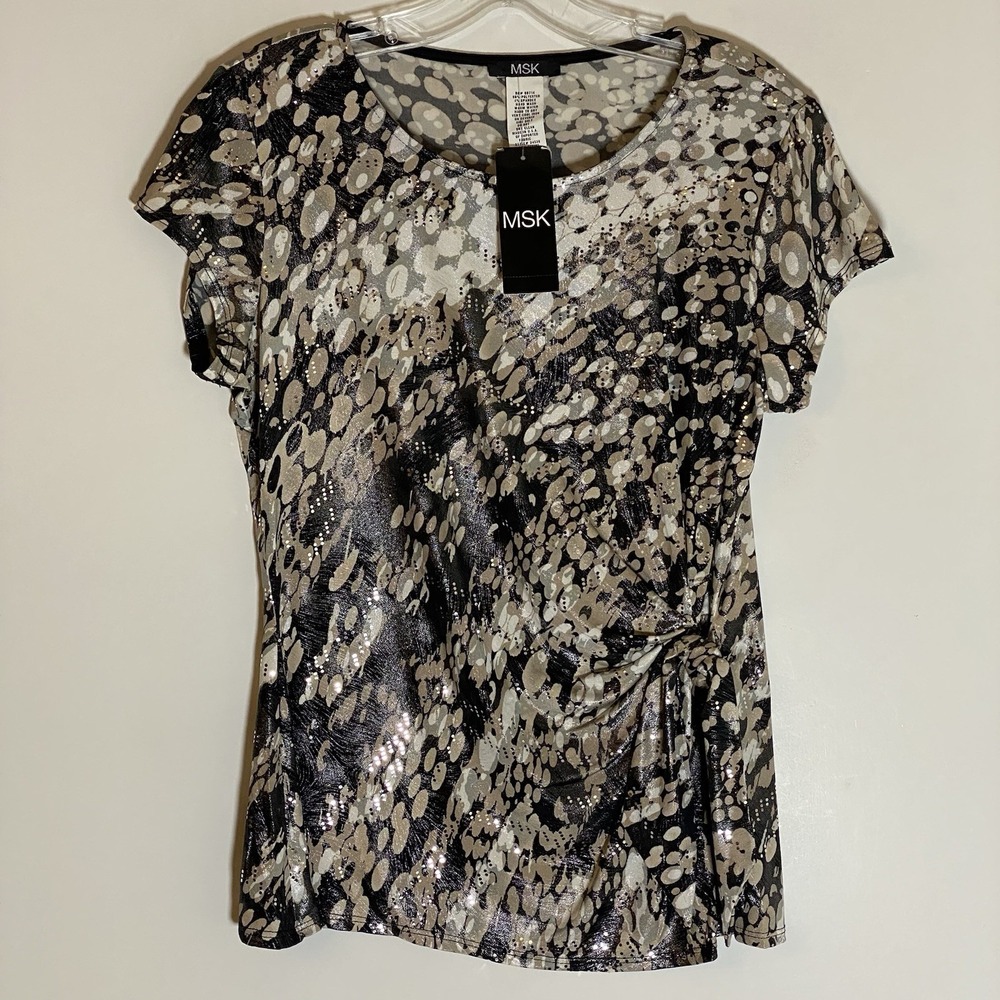 MSK Top Womens Medium Black Tan Multi Shimmer Faux Wrap Holiday Dressy Sparkle M